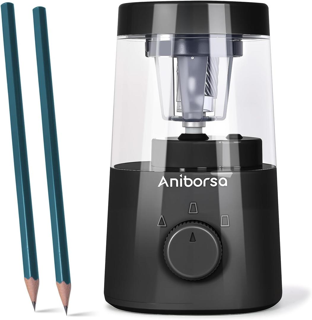2 x Electric Pencil Sharpener, Helical Blade Automatic Pencil Sharpener, Battery/USB Cord Operated Adjustable Sharpness for 6-8 mm Pencil, Classroom, School, Office, Home, Black
