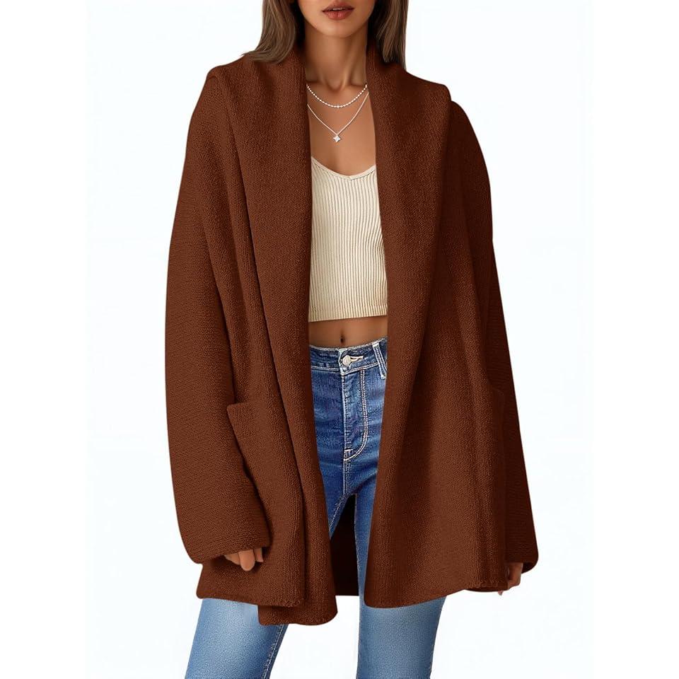 Womens Open Front Knit Cardigans Oversized 2025 Fall Lapel Hooded Long Sweater Coats with Pockets, Size L