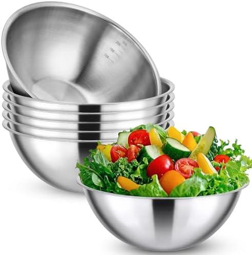 Honeydak 6 Pcs 304 Stainless Steel Mixing Bowls with Graduations, Salad Bowls Metal Serving Reusable Baking Food Storage Containers for Baking Cooking Salads Soups Ice Cream Noodles (84 oz)