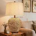 26" Natural Rattan Table Lamp, Farmhouse Rustic Seagrass Woven Bedside Lamp with Linen Shade, Coastal Boho Decor for Living Room, Bedroom, End Table,1 Pack