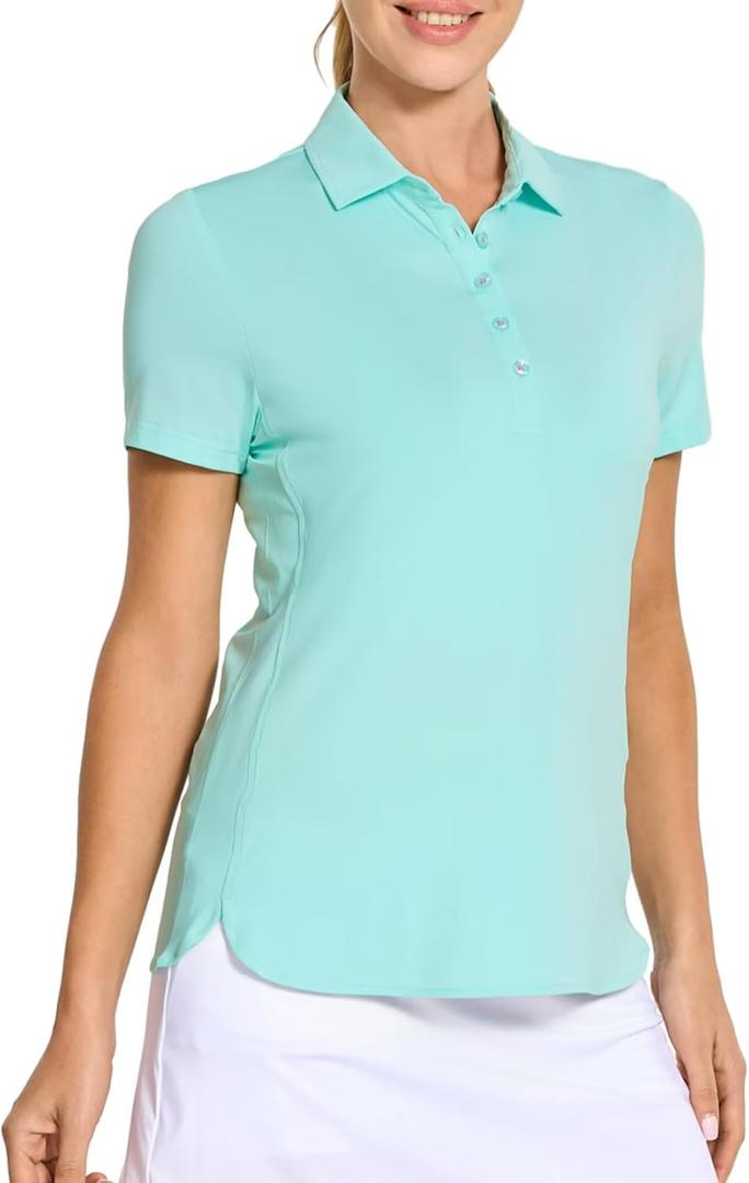 M MAELREG Womens Golf Shirt Short Sleeve 5 Buttons Quick Dry Casual Solid Moisture Wicking Tennis Polo Shirts for Women (L), Blue Light 