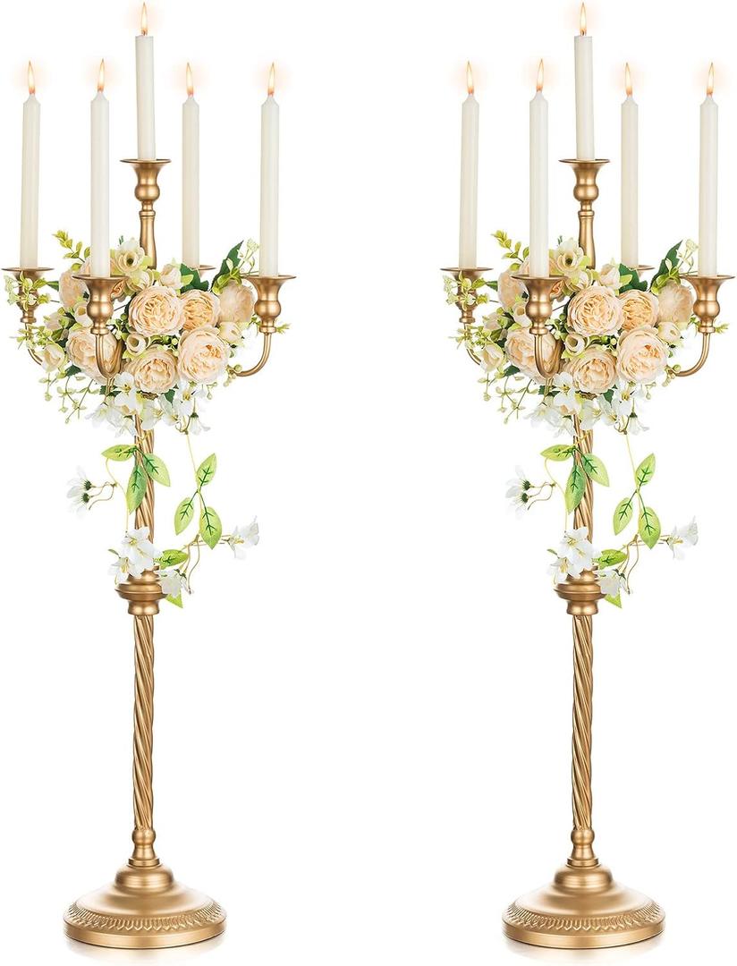 Nuptio Tall Gold Candelabras 34 Inch Candle Stick Holders Set of 2 Floor Candle Stand Taper Candle Holders for Classic Wedding Mantal Christmas Halloween Easter Home Table Centerpiece Decoration