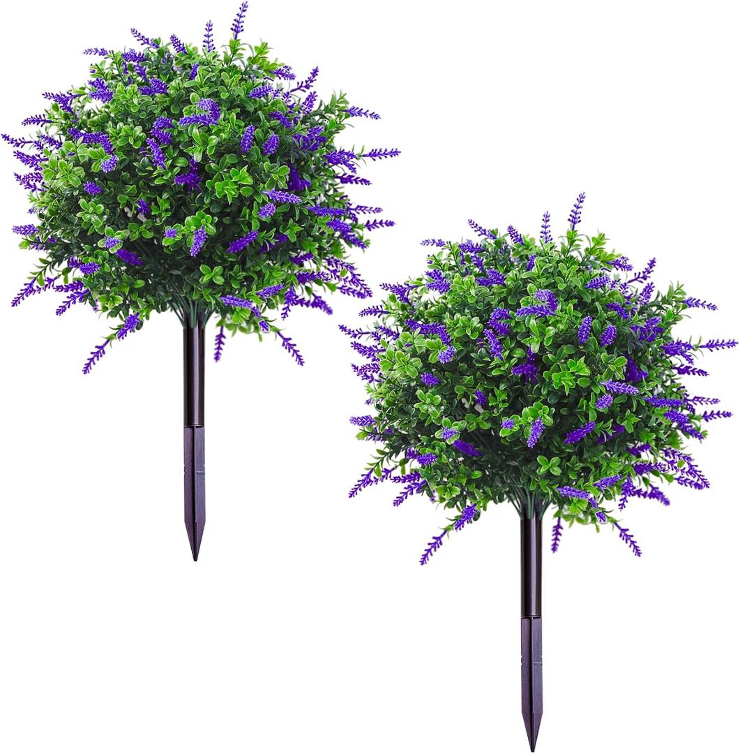 2 Pcs 23.5 Inch Artificial Lavender Plant Topiary Ball Trees with Ground Spike, Artificial Plants Indoor - Suitable for Indoor and Outdoor Gardens, Patios, Front Porches and More(Purple)