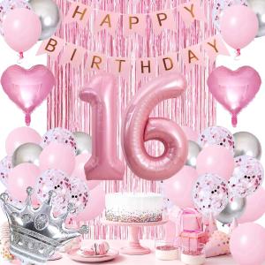 Sweet 16th Birthday Decorations Pink: 60pcs Balloons, Fringe Curtain, Crown Balloon, Pink & Silver Theme for Girls' 16th Birthday Party