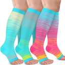 3 Pack Copper Compression Socks for Women & Men, 20-30mmHg Open Toe Knee High Stockings for Circulation Support (Large-X-Large, C02-3 Pack Blue/Pink/Yellow)
