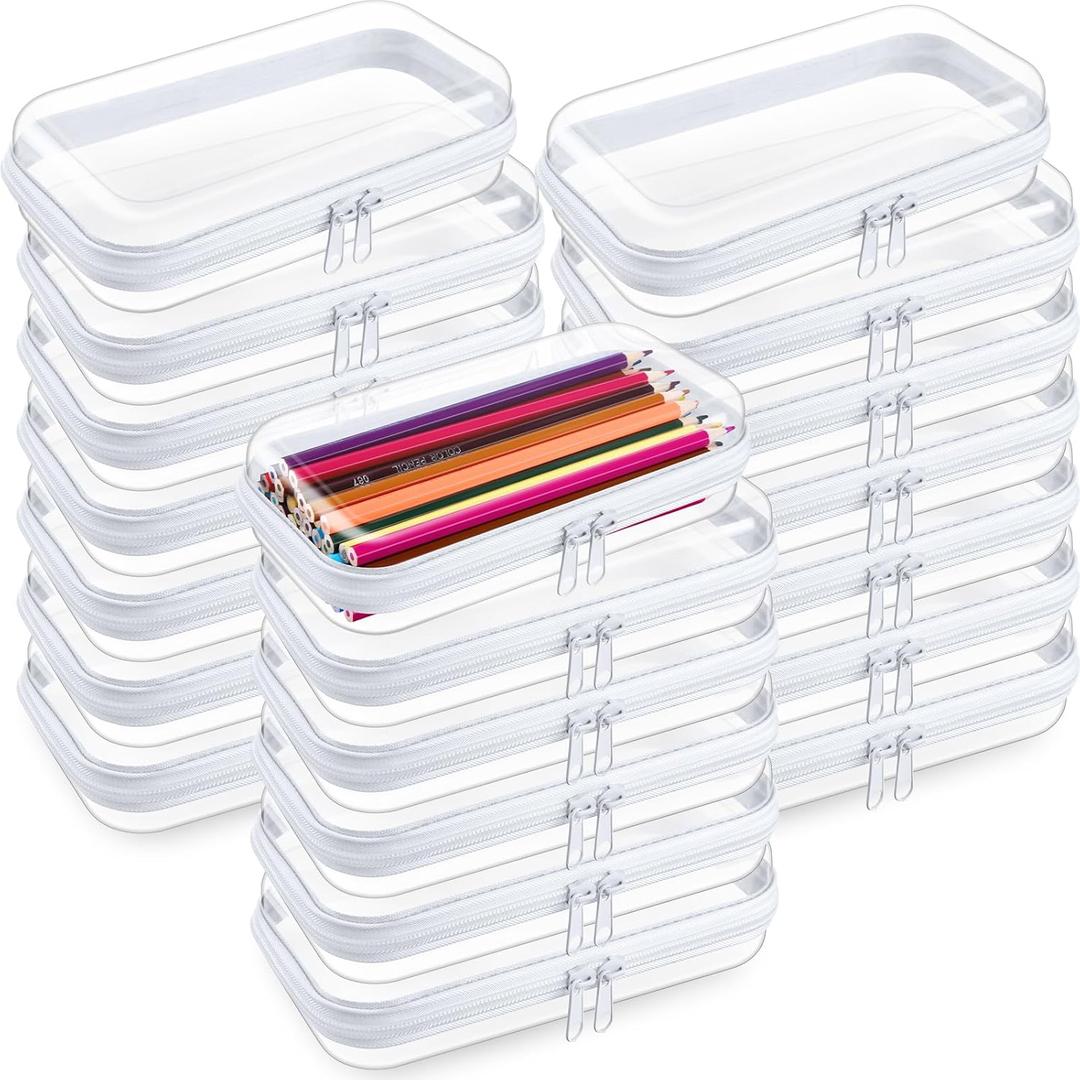 20 Pcs Clear Hard Zipper Case Bulk Hard Shell Plastic Pouch Transparent Double Zippers Toy Storage Organizer Bins for Building Blocks, Puzzles, Cosmetics(7.48 x 2.94 x 2 Inch)
