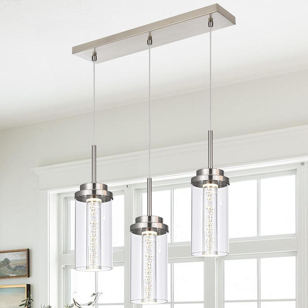 MELUCEE LED Linear Pendant Light Brushed Nickel 20.5IN with Clear Glass | Modern Ceiling Chandelier Light Fixture Hanging 3000K-6000K Adjustable Color Temperature Island Light for Dining Room Kitchen