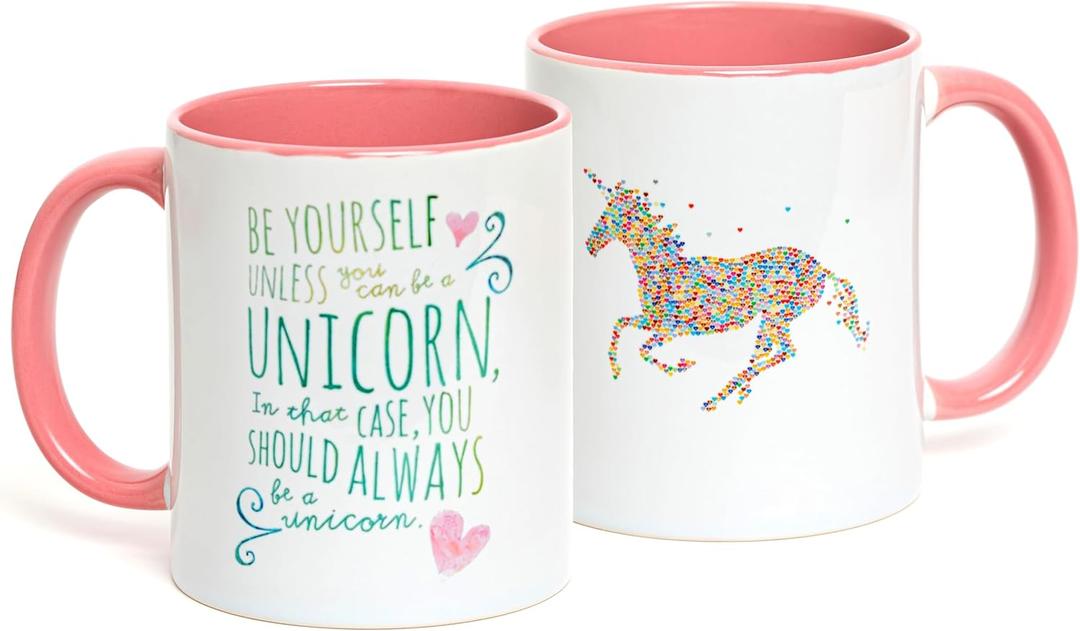CSM Supply Be Yourself Unless You Can Be A Unicorn - 11 fluid ounce Grade A Quality Ceramic Two Tone Pink/White Ceramic Mug/Cup - Perfect Funny/Inspirational Gift - Foam Gift Box Included