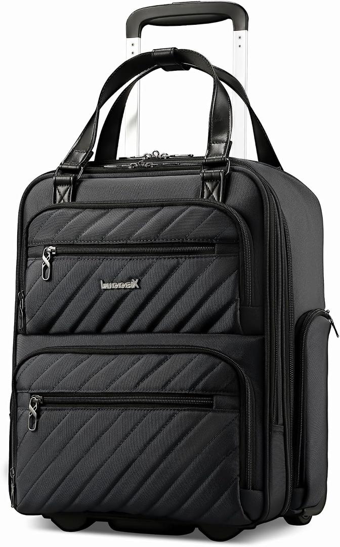 LUGGEX Underseat Carry On Luggage with Wheels, UDK Stylish Lightweight Under Seat Luggage, Soft Sided Personal Item Suitcase for Short Trip (UX-Core, All Black, 16 Inch)