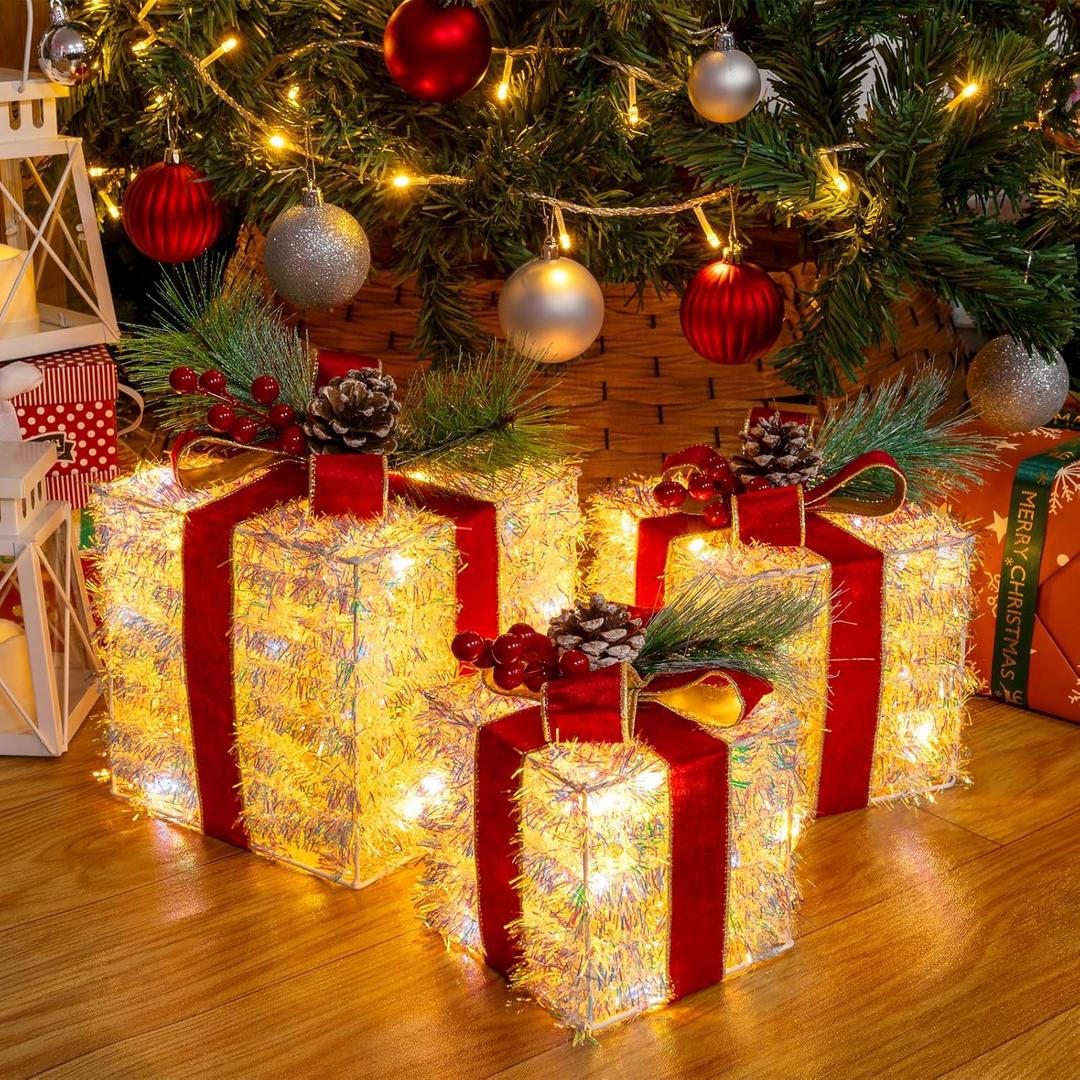 Set of 3 Christmas Lighted Gift Boxes Plug-in 60 Led Light Up Boxes Ornaments for Christmas Decorations Indoor Outdoor Home Yard Xmas Tree Holiday Party Lawn Porch (Tinsel)
