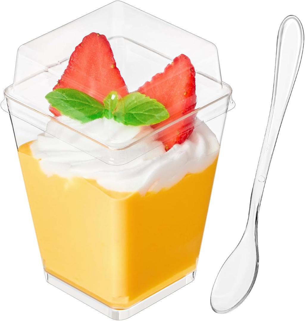 5 oz Plastic Dessert Cups with High Flat Lids and Spoons, 50 Pack Mini Clear Parfait Cups Square Party Serving Cup for Pudding, Appetizer, Fruit and Jello
