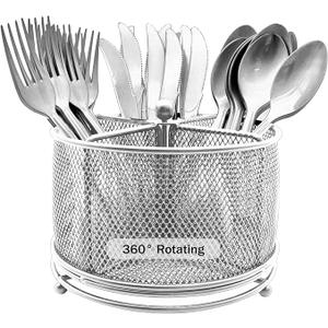 DysanVica 360° Rotating Metal Utensil Caddy  4 Compartment Silverware Cutlery Holder Rotation Fork Spoon Napkin Organizer Flatware Storage Basket Party Countertop Buffet Picnic Camping Outdoor Silver