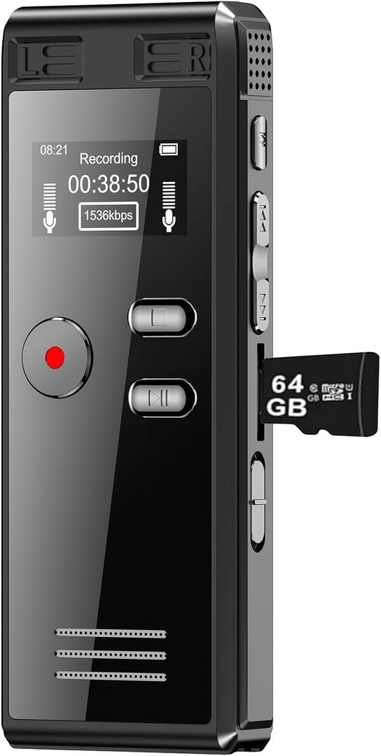 64GB Digital Voice Activated Recorder with Playback - 4552 Hours Audio Recording Device, 3072Kpbs HD Dual MIC Tape Recorder Device for Lecture A-B Repeat, MP3 Player,64GB TF Card Included