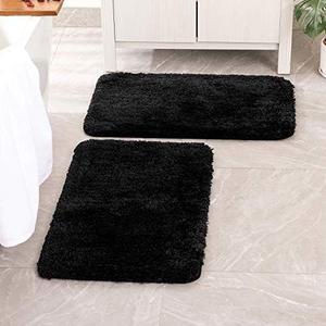 MIULEE Set of 2 Non Slip Shaggy Bathroom Rugs Extra Thick Soft Bath Mats Plush Microfiber Absorbent Water for Tub Shower Machine Washable (Black, 16x24 inches)