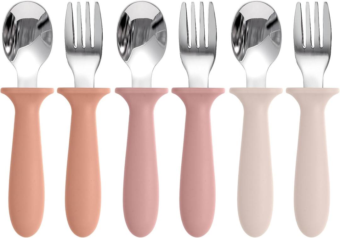 Eascrozn Toddler Spoons and Forks Set, 6 Pack Kids Silverware with Silicone Handle, BPA Free, 18/8 Stainless Steel Children Safe Toddler Utensils, Dishwasher Safe (Purple)