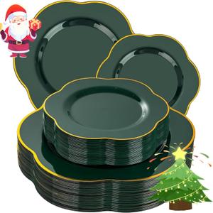 Liacere 50PCS Green Plastic Plates - Heavy Duty Disposable Plate-Green and Gold Include 25PCS Dinner Plate, 25PCS Dessert Plates for Easter&Baby Shower Gifts & Chrismas &Christmas
