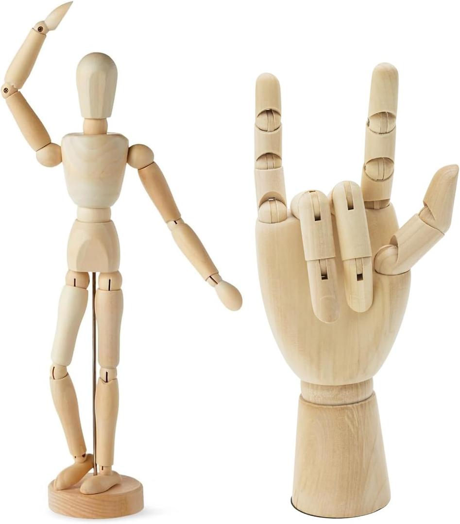 2 Pack 12" Drawing Mannequin,12" Hand Model,Wooden Manikin Body Figures Gifts for Artists,Poseable Art Mannequin Figure Dolls,Wood Statue Sculpture Decor Animation Drawing Tools