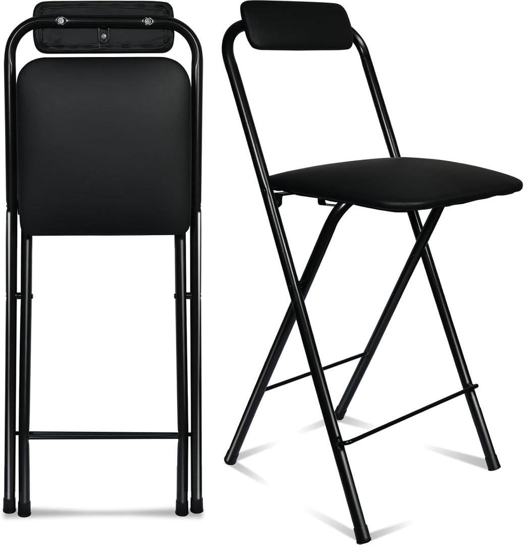 Folding Bar Stool with Back, 1 pcs Tall Foldable Stool Chair Portable Adult Collapsible Stools Counter Height Seat Leather Padded Kitchen Shop Comfortable Sturdy (25.5 inch)