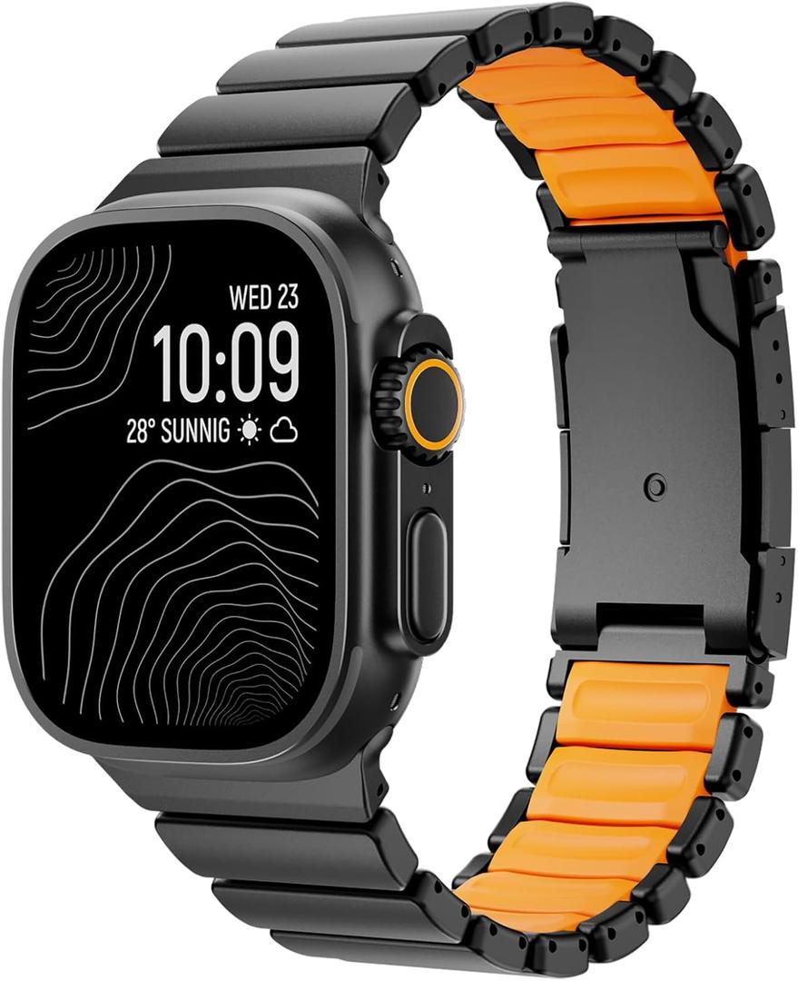 Titanium Band Compatible with Apple Watch Ultra 3/2/1 Band 49mm For iwatch Series 11 10 46mm 45mm 44mm 42mm SE 3/2/1 9 8 7 6 5 4 Men Women,Rubber Lining With Stainless Steel Buckle (Black-Orange)