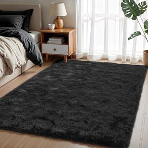 Area Rugs for Bedroom Living Room, 4x6 Soft Large Fluffy Fuzzy Shag Plush Furry Carpet, Soft Indoor Floor Mat for Kids Nursery Home Dorm Office Decor Aesthetic, Black