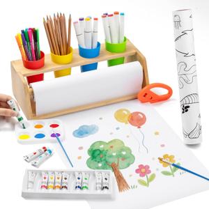 Payarma Paper Roll Dispenser for Kids Art Tabletop Easel with Blank & Patterned Paper Rolls, 12 Pigments, Drawing Tools, Pen Cups Craft Station for Kids Ages 3-8 in Home, Classroom