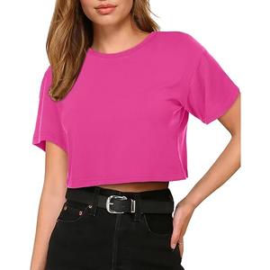 Womens Summer Crop Tops Short Sleeve Round Neck T-Shirts Loose Fit Casual Blouse 2026, Pink Large