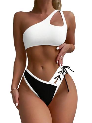 SherryDC Women's Cheeky Cutout One Shoulder Bikini Color Block V Cut High Leg Two Pieces Swimsuit, XL
