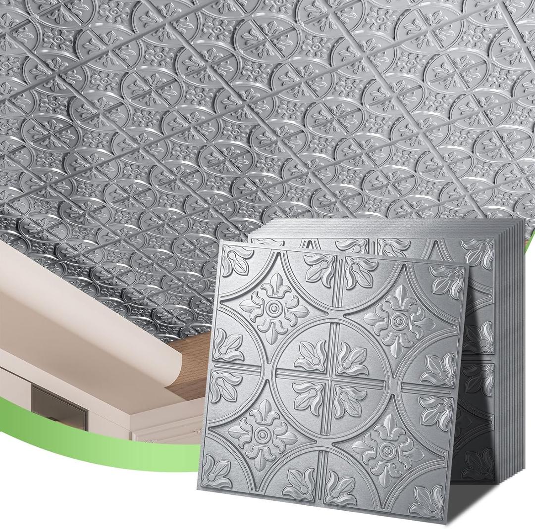 Art3d Drop Ceiling Tiles 2x2, Glue-up Ceiling Panel, Fancy Classic Style, Argent Silver, 12