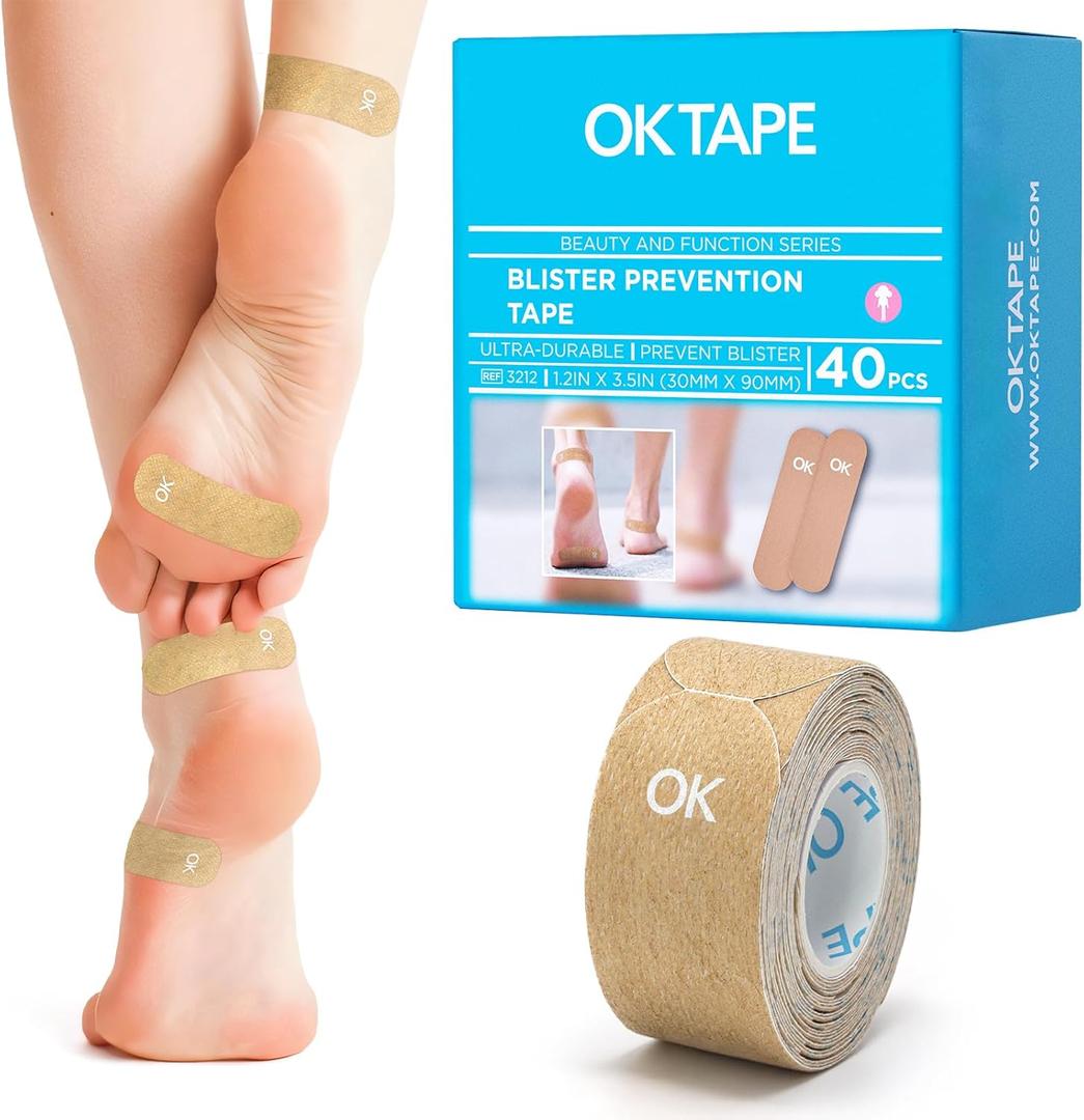OK TAPE Blister Prevention Tape, 40 Pcs, Moleskin for Blisters, No-Residue Blister Bandages for Feet & Body, Heel Patches, 1.2in X 3.5in Precut Strips - Beige