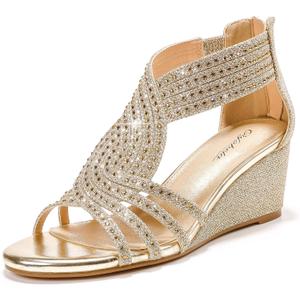 Women Wedge Sandals Sparkly Rhinestone Open Toe Fashion Dressy Sandals Evening Wedding Prom Shoes (7.5, Gold)