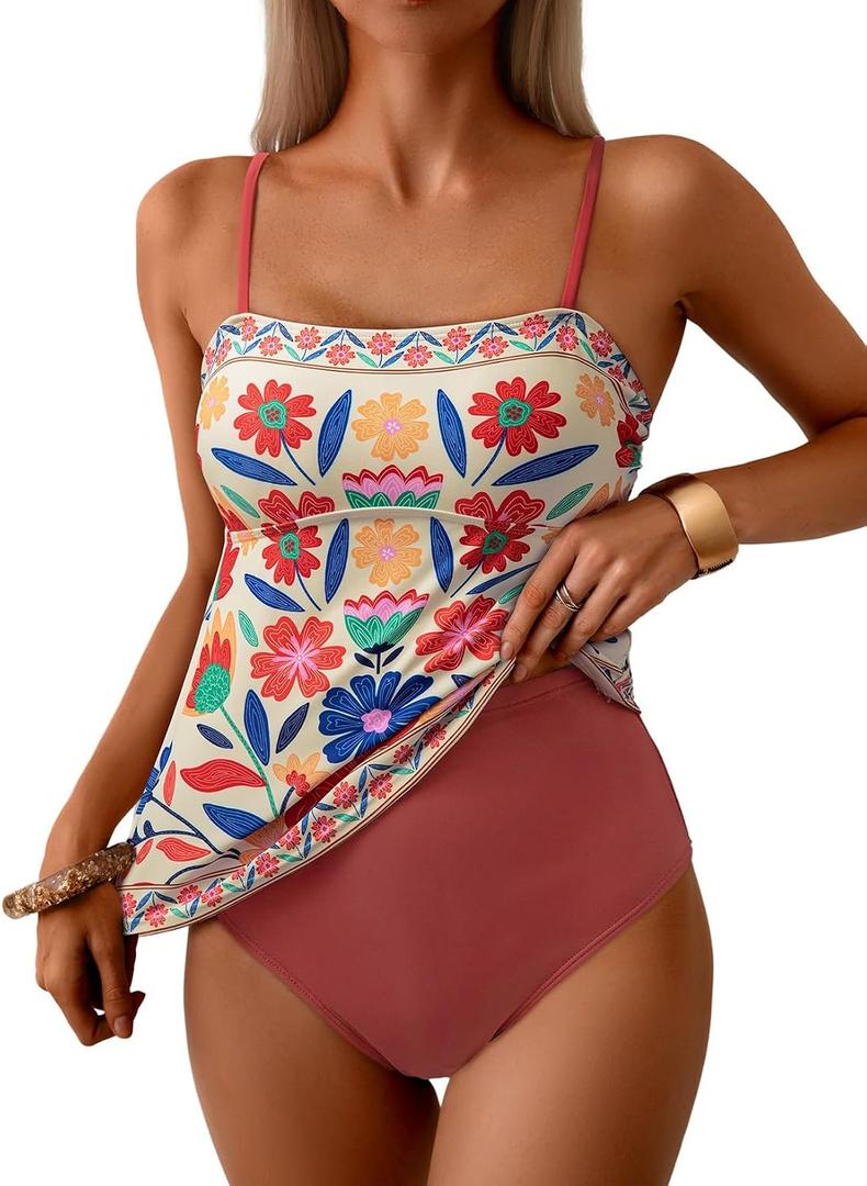 Dokotoo Women's Boho Floral Tankini Set Two Piece Swimsuits Flowy Vintage Beachwear (M)