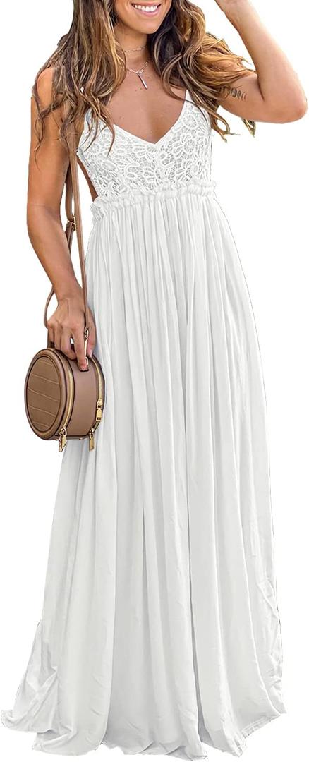Ladmous Women's V Neck Floral Lace Wedding Dress Sleeveless Bridesmaid Evening Party Maxi Dress (Size Medium, White)