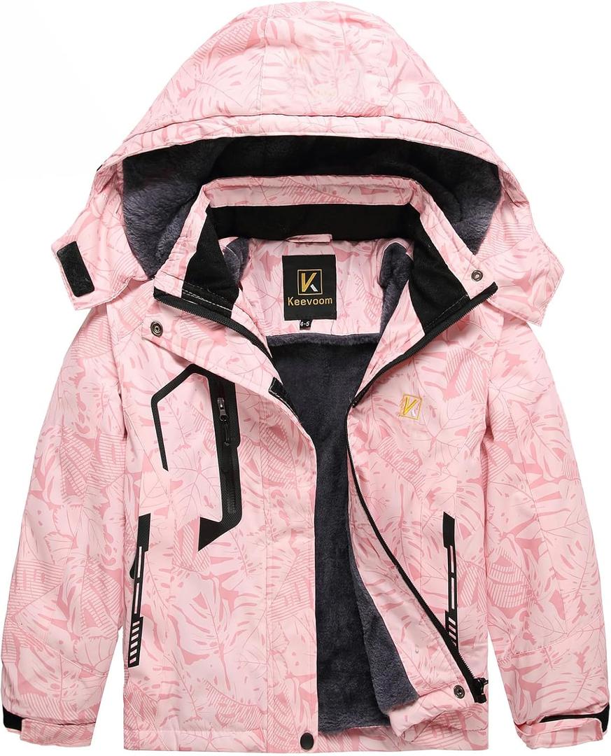 Keevoom Girl's Waterproof Ski Jacket Fleece Snow Coat Windproof Warm Winter Snowboarding Jacket with Removable Hood (Pink)