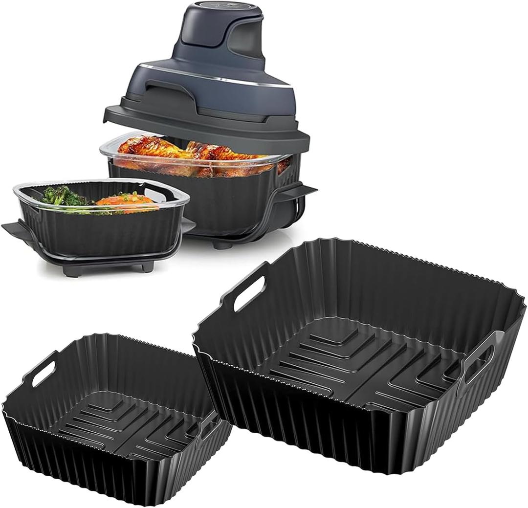 2Pcs for Ninja Crispi FN101GY Air Fryer Silicone Liners,Non-Stick Ninja Glass Air Fryer Accessories,4 QT Container & 6 Cups Container for FN101ST, FN101SG, FN101CGY Reusable Replacement Insert