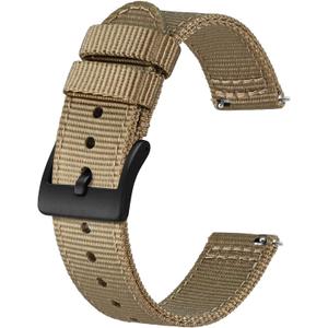BISONSTRAP Men’s Nylon Watch Bands, Two-Piece Military Watch Straps, Quick Release, Brushed Buckle, 20mm, Khaki (Black Buckle)