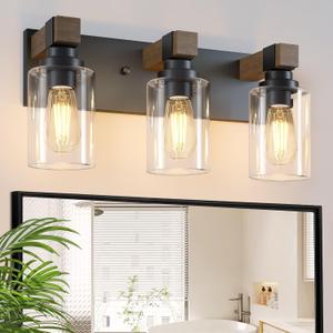 Farmhouse Bathroom Vanity Light Fixtures, Rustic 3-Light Wood Vanity Lights for Bathroom, Vintage Black Wall Sconces Lighting, Light fixtures Over Mirror, with Glass Shade