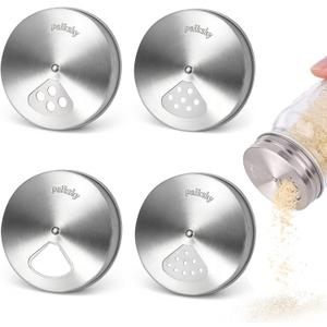 Palksky Mason Jar Spice Shaker Lids Stainless Steel, 4 Pack Regular Mouth Mason Canning Cap for Spices Coriander Seed Garlic/Rosemary Powder, Adjustable Tops Pour Spout Seasoning Shaker Dispenser