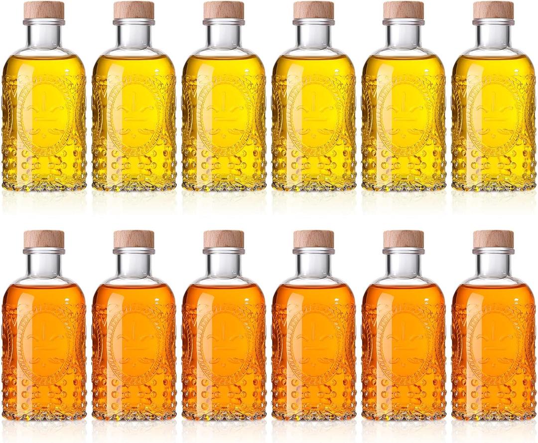 Teenyyou 12 Pcs Clear Glass Bottles 6.8oz/ 200ml Whiskey Glass Bottles Vintage with T Top Cap for Wine Beverage Drinks Oil Vinegar Kombucha Beer Soda with Cork Stopper(Vintage Oval)