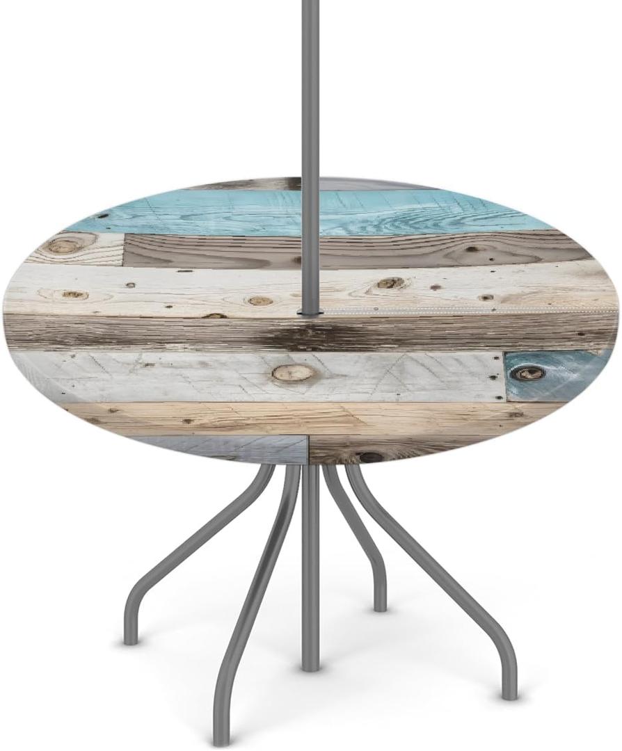 Wood Texture Round Outdoor Tablecloths with Umbrella Hole Wood Circle Fitted Table Cloth with Elastic Zippered Tablecloth 36"-44" Waterproof Umbrella Table Cloth Round Elastic Table Cover for Patio