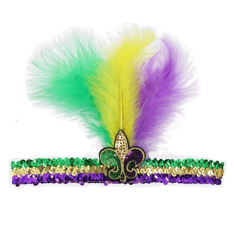 Mardi Gras Feather Sequin Headband for Carnival Party Masquerade Mardi Gras Costume Headband (1 Count (Pack of 1), Purple Yellow Green)