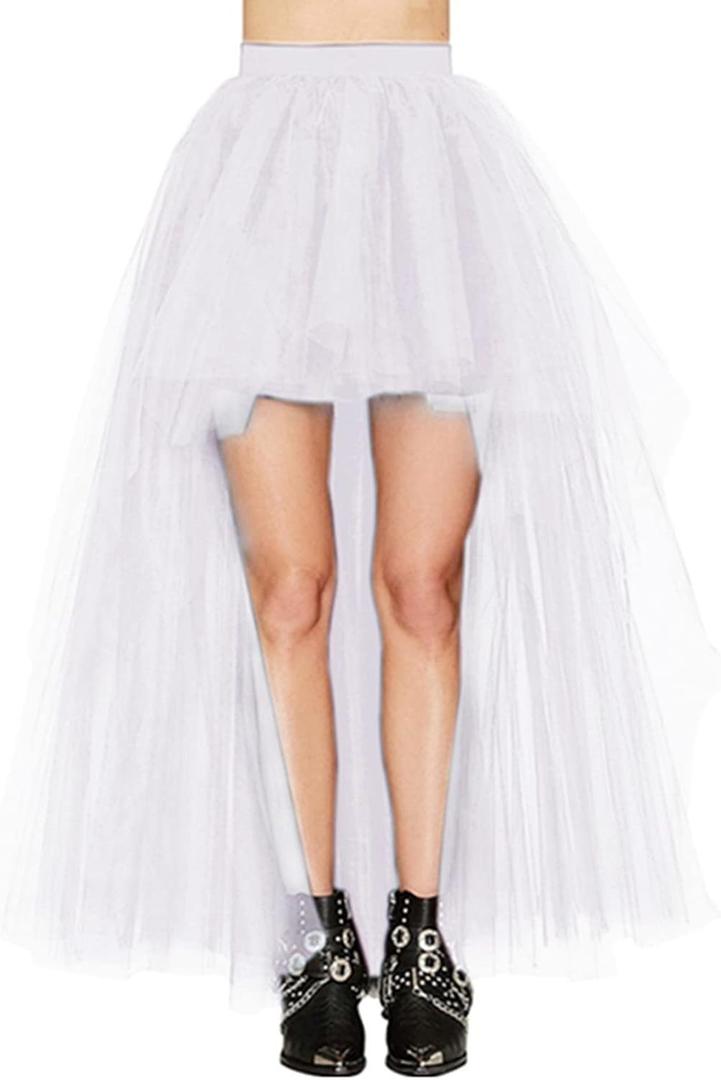 MisShow Women's Hi-Lo Long Tutu Tulle Bustle Skirt Elastic Waist Festival Party Skirt (White)