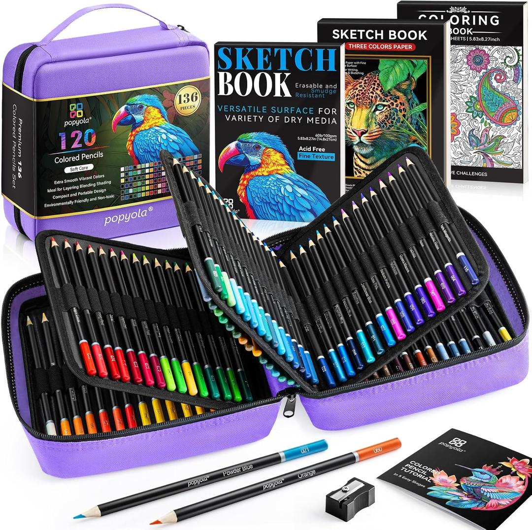 136 PCS Colored Pencils Set for Adult Coloring Books, 120 Colored Pencils with Sketchbook, Coloring Book, Sharpener, Soft Core Oil-Based Coloring Pencils for Artists Drawing Sketching Blending Shading (Purple)