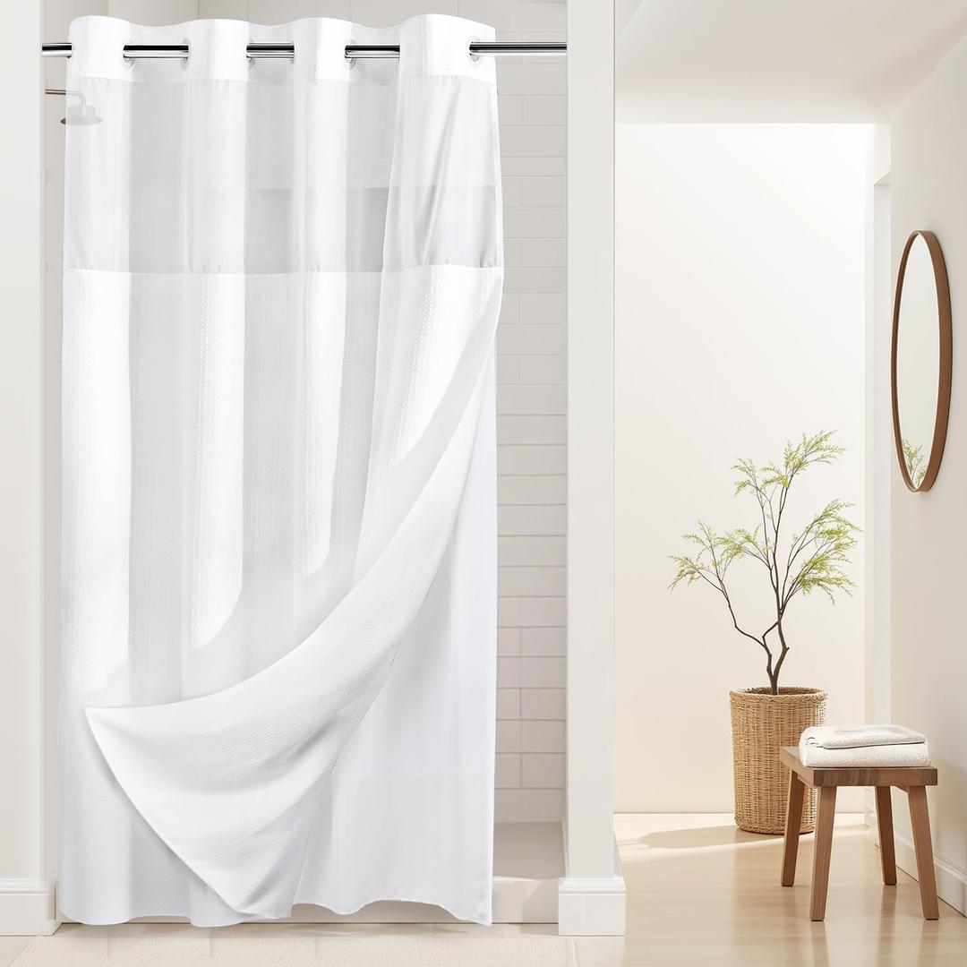 River Dream Stall Heavyweight No Hooks Required Dotted Waffle Weave Shower Curtain with Snap in Liner- 54W x 80H,Hotel Grade,Spa Like Bath Curtain,White