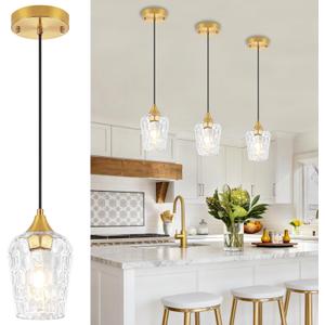 Brushed Gold Pendant Light Fixtures, Thick Hammered Glass Pendant Lights Kitchen Island 3 Pack Modern Hanging Light Hallway Ceiling Light Fixtures Mini Pendant Lights for Bathroom Dining Room