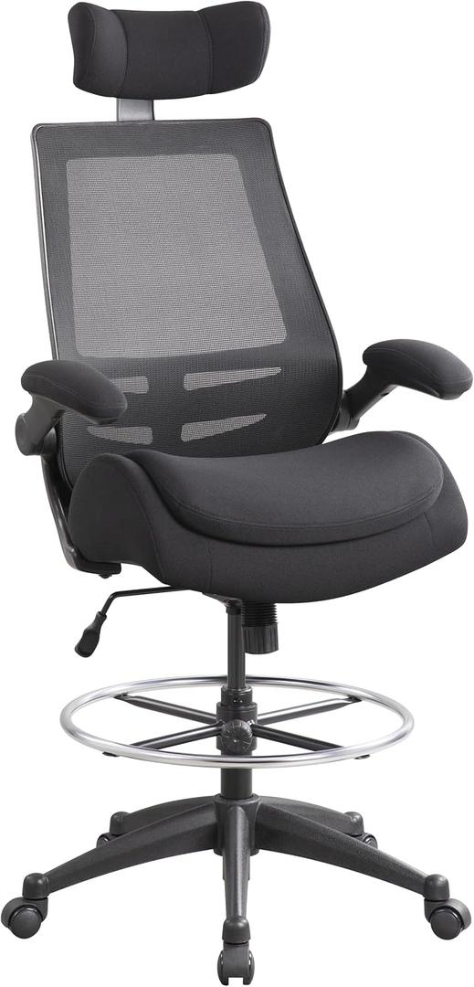 BOLISS Big and Tall Drafting Chair 400lbs - High Back Ergonomic Office Chair for Standing Desk with Double Thick Seat Cushion, Adjustable Foot Ring, Lumbar Support & Flip Up Armrests (Black)