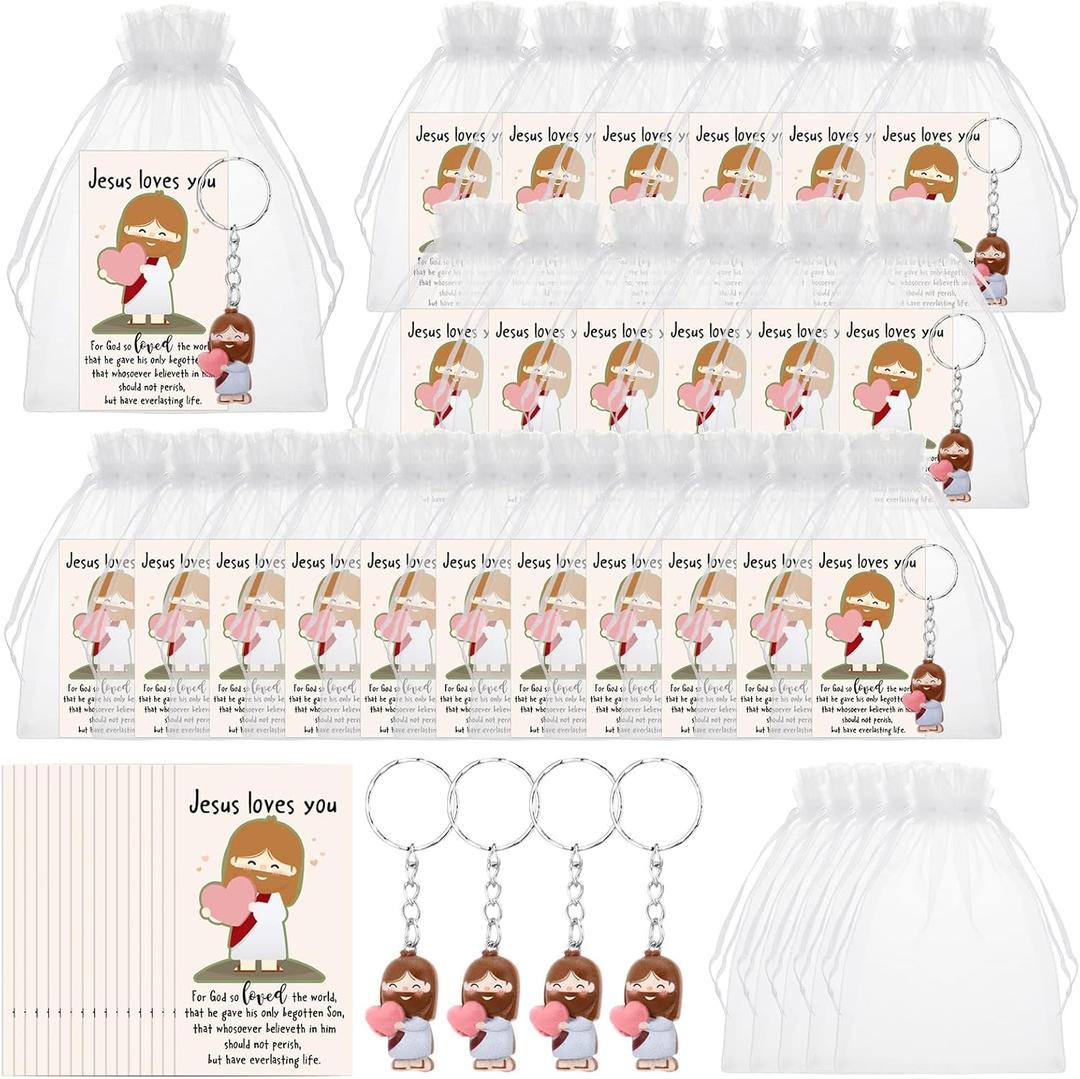 30 Sets Valentines Mini Jesus Figures Bulk Pocket Jesus Prayer Keychains Christian Cards for Women Men Religious God Gifts