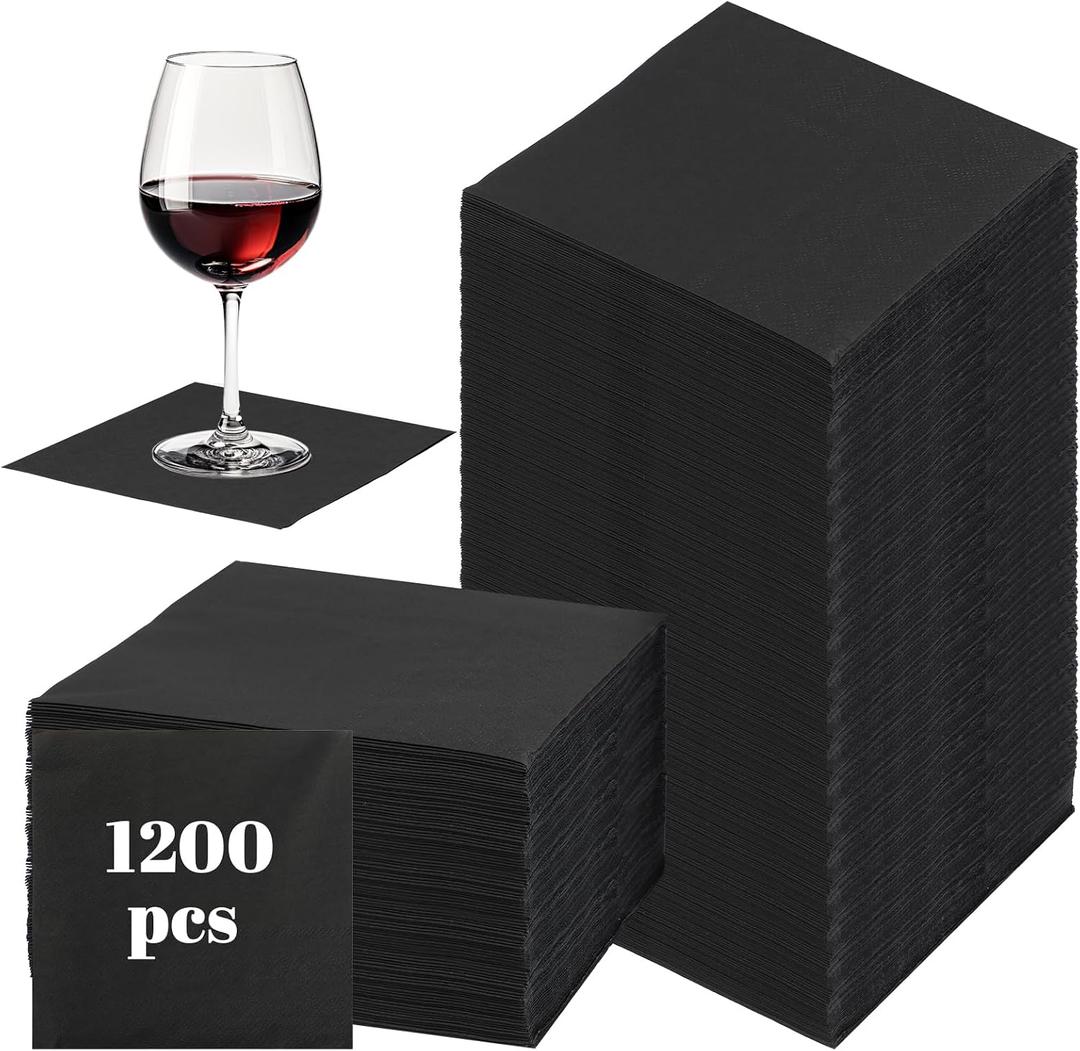 1200 Pcs Black Cocktail Napkins, 2 Ply 5 x 5 Inch Disposable Wood Paper Square Dinner Beverage Napkins for Party, Birthday, Wedding, Restaurant, Bar