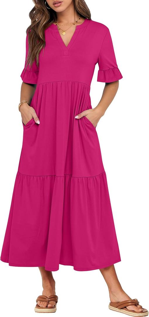 ANRABESS Womens Summer Maxi Dresses Casual Ruffle Short Sleeve V Neck Flowy Tiered 2026 Spring T Shirts Beach Boho Dress (Rose) 
X-Large