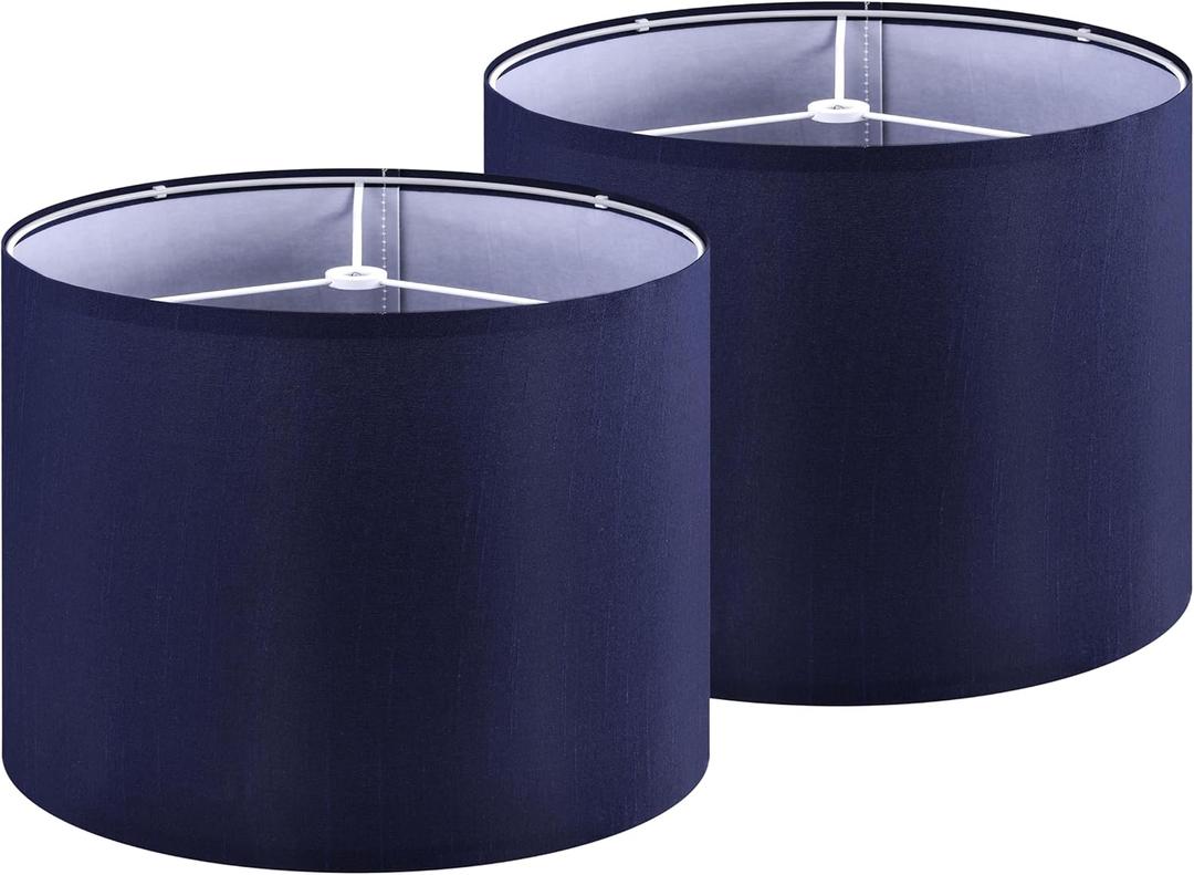 GOSO Drum Lamp Shades Set of 2 Medium Blue,Rustic Lamp Shades for Table Lamps Floor Lamps-13 * 13 * 10 inch (Spider) Replacement Lampshades -Art Deco Barrel Shade Required Assembly (Blue-Natural Faux silk)