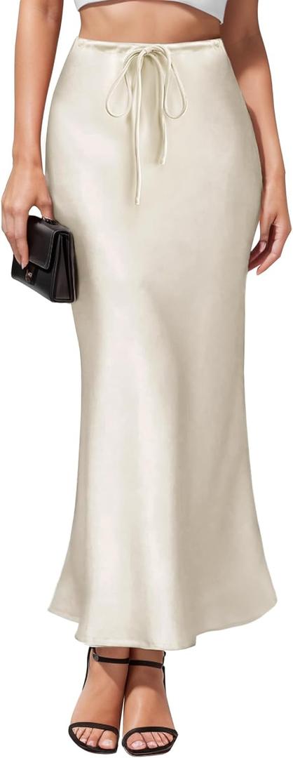 Women's Maxi Skirts Satin Drawstring High Waisted Silk Elegant Flowy Casual A-Line Long Skirt for Women (Beige, M)